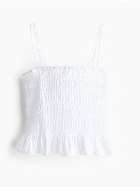 H&M White Smocked Ruffle-Hem Camisole